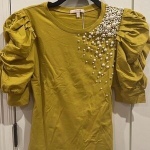 Puff Sleeve Pearl Embellished Top - Mustard